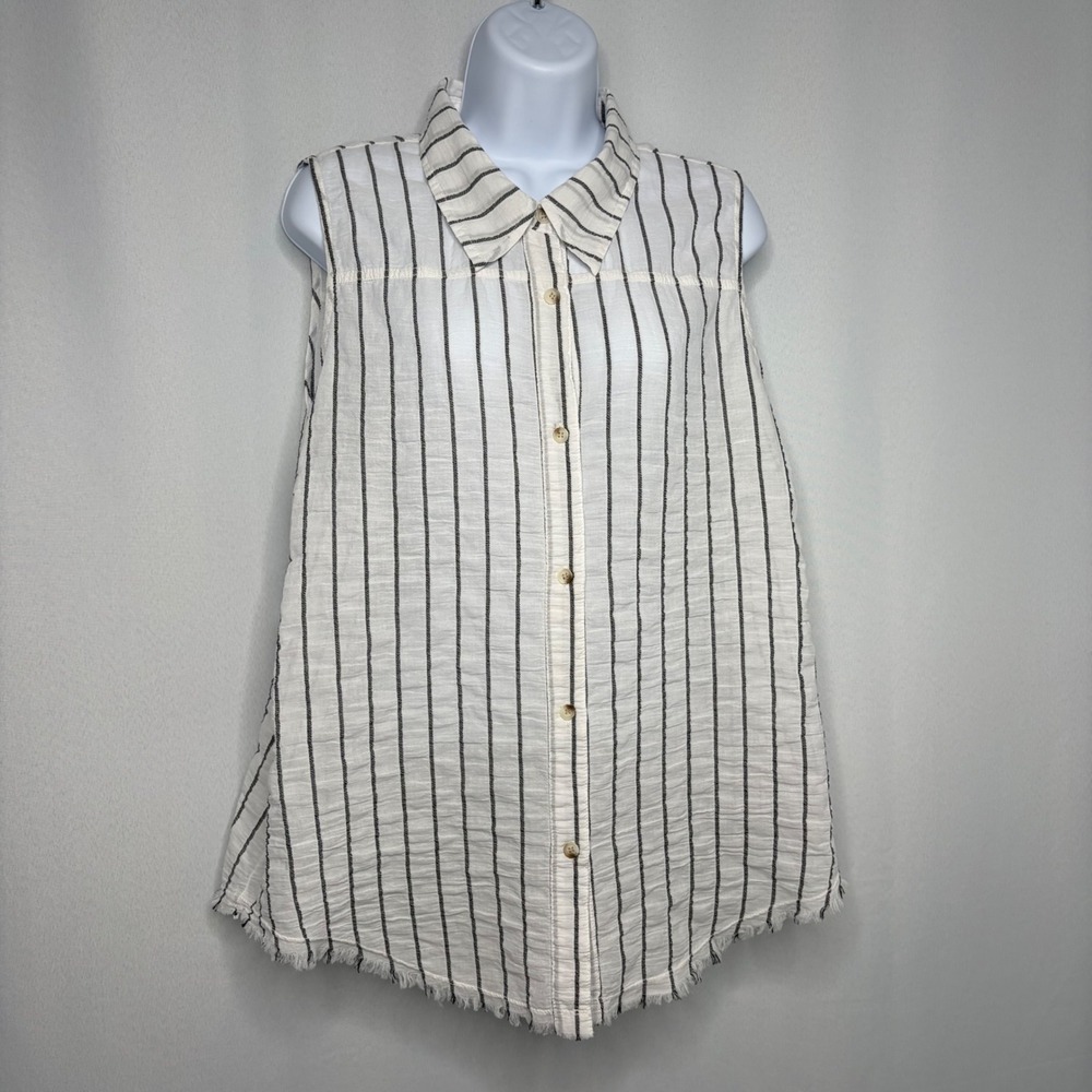 Wearables Womens XL Sleeveless Striped Gauze Button Down Blouse White Black W990
